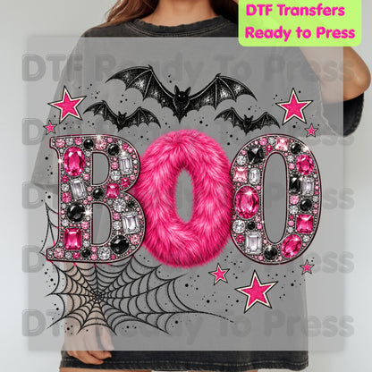 Boo Pink Glitter Bats DTF Transfers, Halloween Spider Web Sparkle Ready to Press