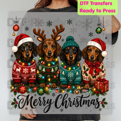 Christmas Dachshund DTF Transfers, Merry Christmas Dogs Santa Hat Holiday Pet Lover Ready to Press