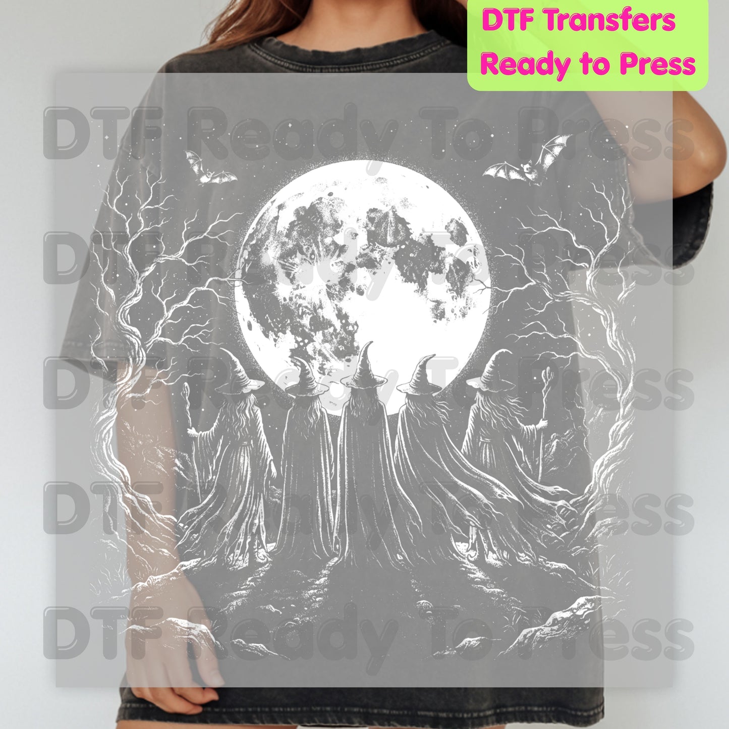 Witches Coven Full Moon DTF Transfers, Dark Forest Bats Gothic Halloween Ready to Press