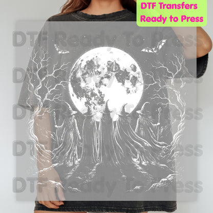 Witches Coven Full Moon DTF Transfers, Dark Forest Bats Gothic Halloween Ready to Press