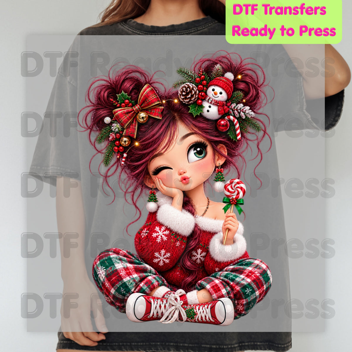 Christmas Girl DTF Transfers, Messy Bun Lollipop Cute Holiday Ready to Press