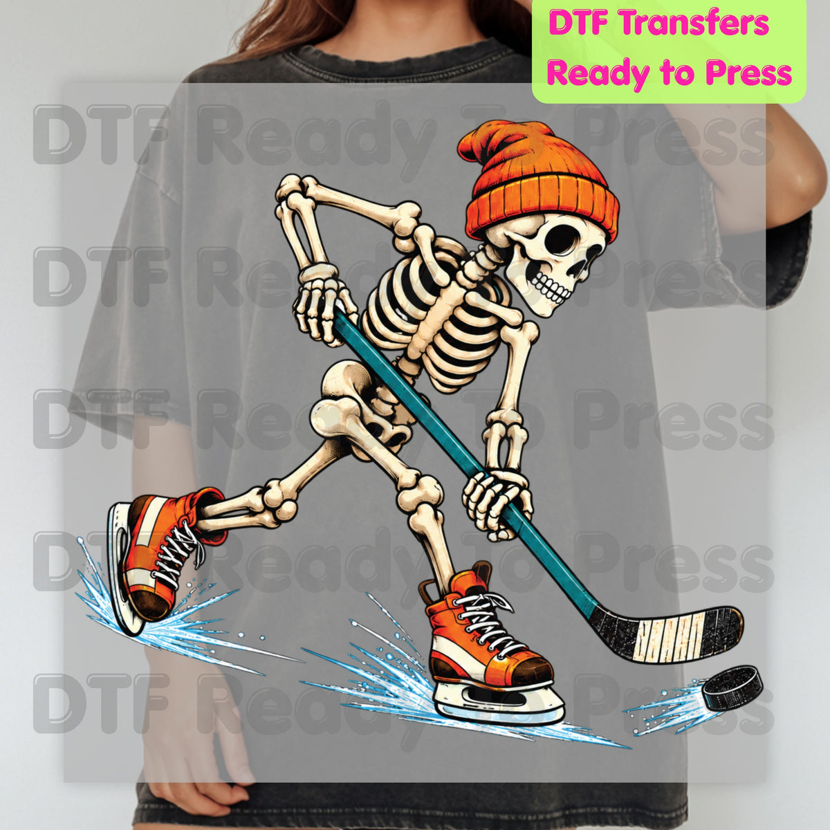 Hockey DTF Transfer, Skeleton in Beanie with Skates, Stick and Puck Graphic