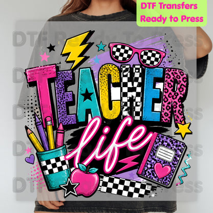 Retro Neon Teacher Life DTF Transfers, Colorful Doodle Graffiti Checkerboard Sunglasses Back to School Ready to Press