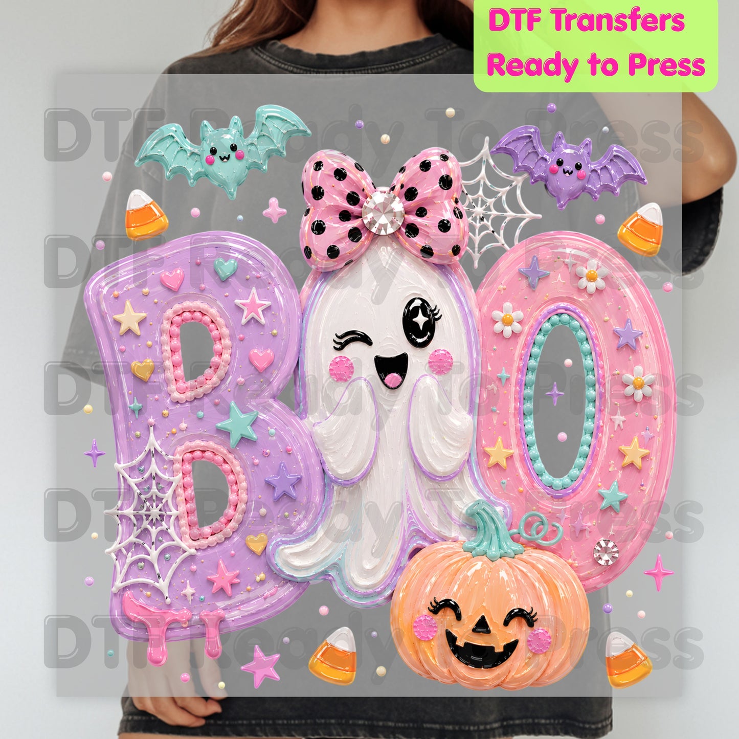 Pastel Cute Ghost Halloween BOO DTF Transfers, Pink Purple Bow Pumpkin Candy Corn Kids Girls Ready to Press