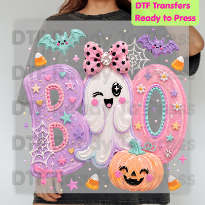 Pastel Cute Ghost Halloween BOO DTF Transfers, Pink Purple Bow Pumpkin Candy Corn Kids Girls Ready to Press