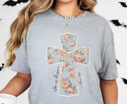 He Is Risen T Shirt Floral Cross Tee Matthew 28:6 Faith Shirt Adult Youth Toddler Baby Religious Gift Shabby Chic Aesthetic Christian Shirt