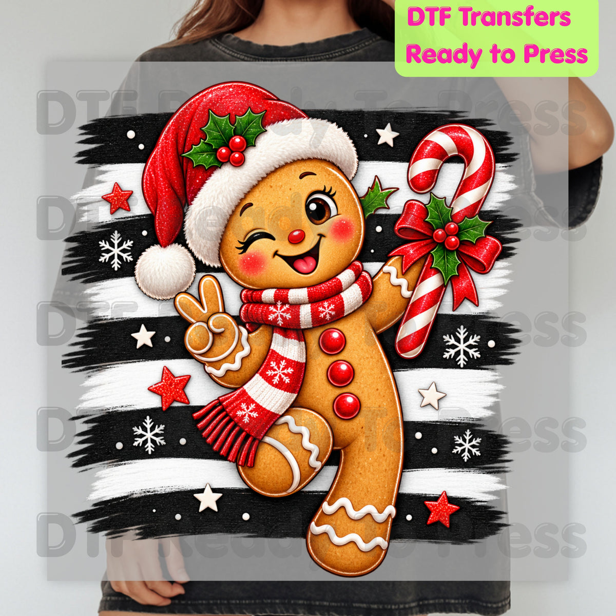 Gingerbread Man DTF Transfers, Candy Cane Santa Hat Black White Stripes Cute Christmas Ready to Press