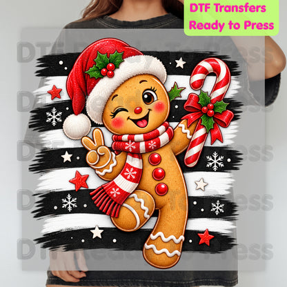 Gingerbread Man DTF Transfers, Candy Cane Santa Hat Black White Stripes Cute Christmas Ready to Press