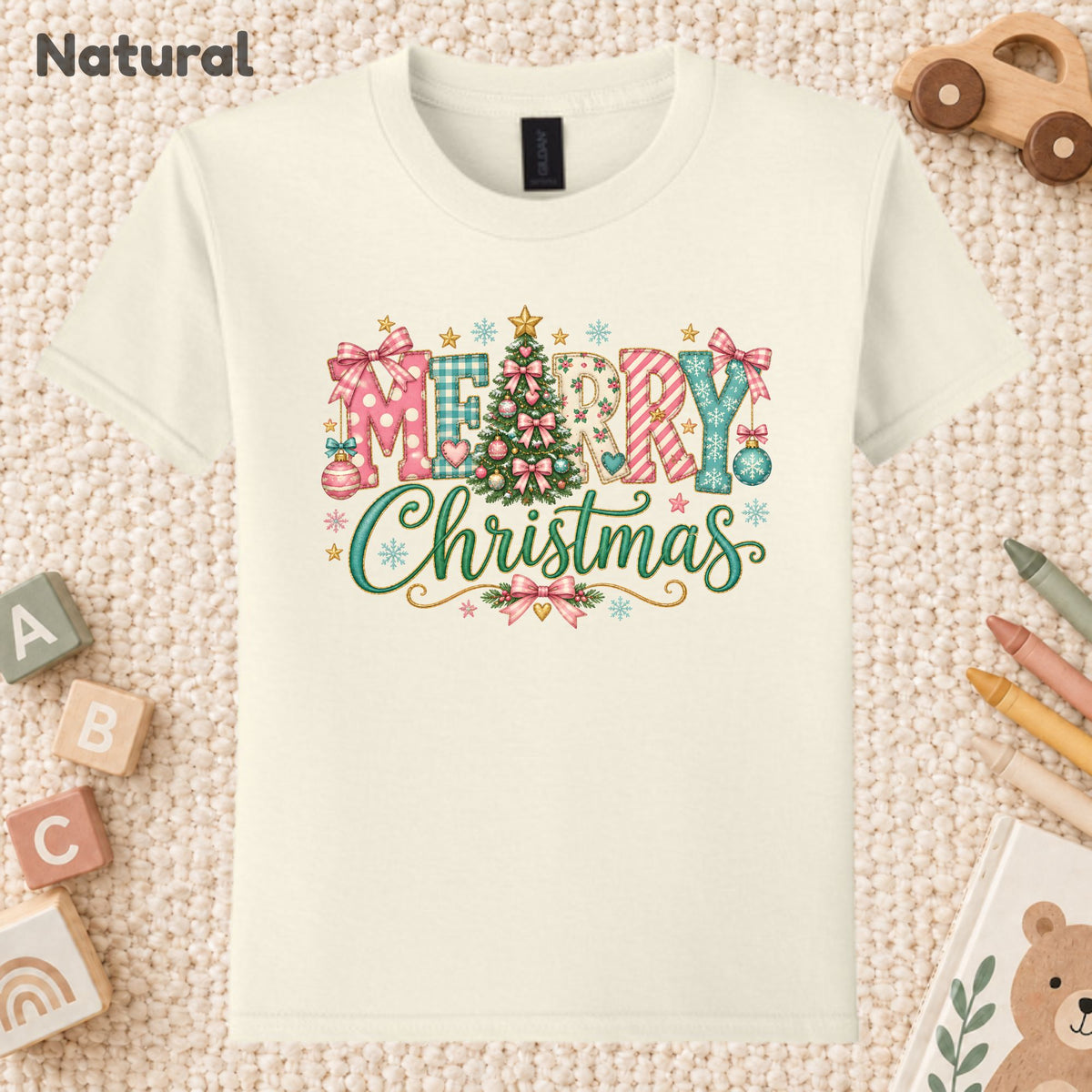 Pastel Pink Bow Christmas T-Shirt, Merry Christmas Tree Graphic Tee, Cute Coquette Holiday Shirt