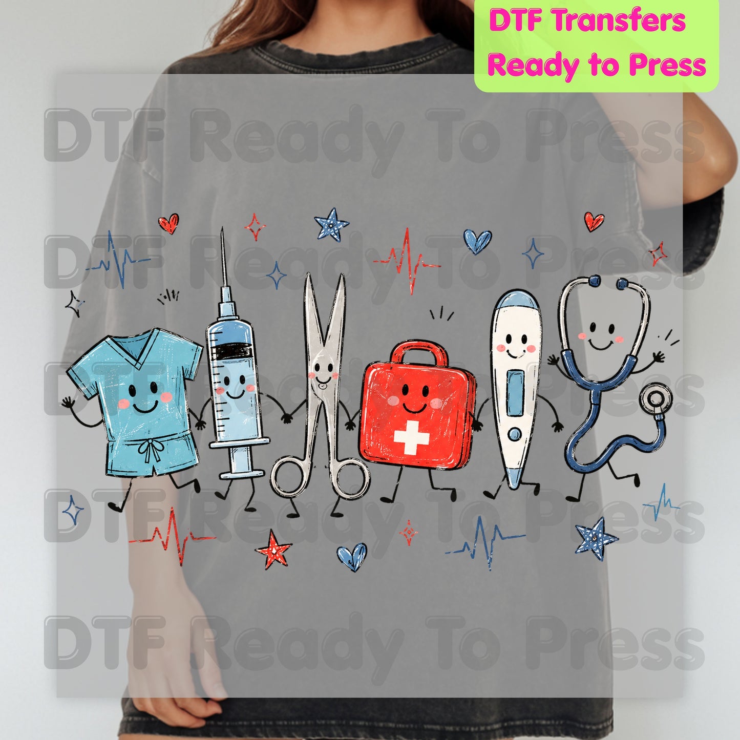 Cute Nurse Life DTF Transfers, Medical Equipment Friends Stethoscope Scrubs Syringe First Aid Healthcare Ready to Press