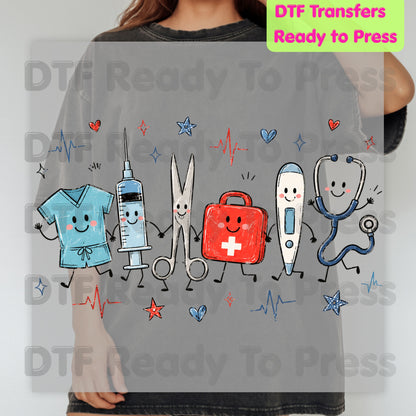 Cute Nurse Life DTF Transfers, Medical Equipment Friends Stethoscope Scrubs Syringe First Aid Healthcare Ready to Press