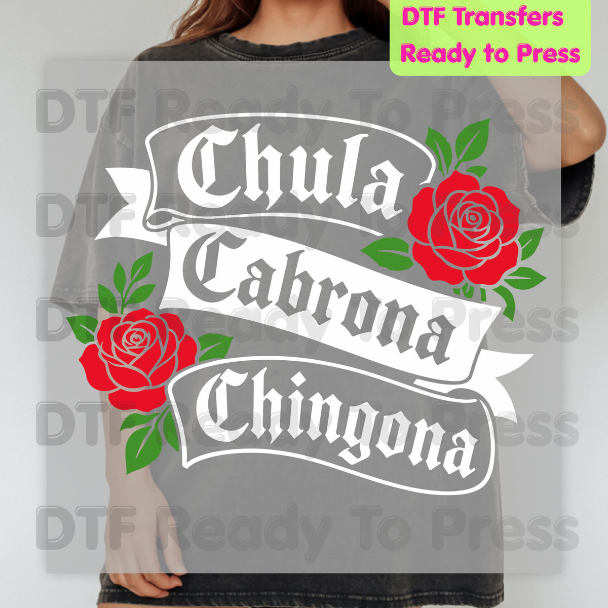 Chingona Rose DTF Transfers, Latina Power Red Rose Chicana Old English Font Ready to Press