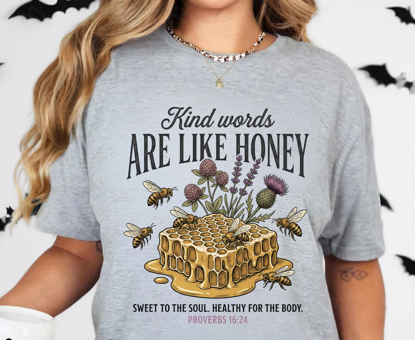Kind Words Are Like Honey T Shirt Proverbs 16:24 Tee Christian Bee Honeycomb Shirt Religious Faith Gift Adult Youth Toddler Baby Apparel