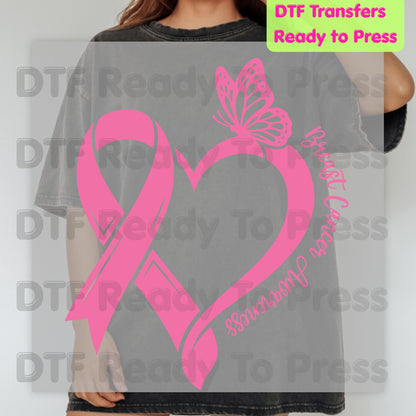 Breast Cancer Awareness Pink Heart Ribbon Butterfly DTF Transfer Ready to Press Heat Transfer Survivor Tee