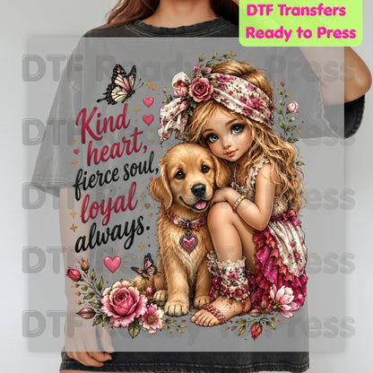 Dog DTF Transfers, Kind Heart Fierce Soul Loyal Always Golden Retriever Puppy Floral Ready to Press
