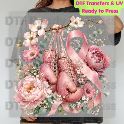 Pink Boxing Gloves Breast Cancer Awareness DTF Transfer Ready to Press Heat Transfer Floral Ribbon Tee