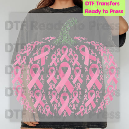 Pink Ribbon Pumpkin Breast Cancer Awareness DTF Transfer Ready to Press Fall Heat Transfer Tee