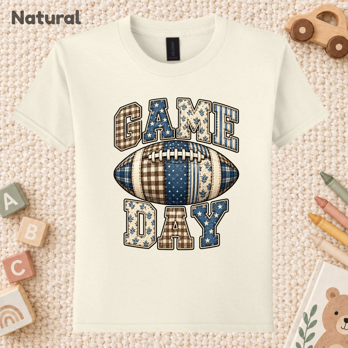 Game Day Football T-Shirt, Blue Plaid Patchwork Tee for Toddler and Kids