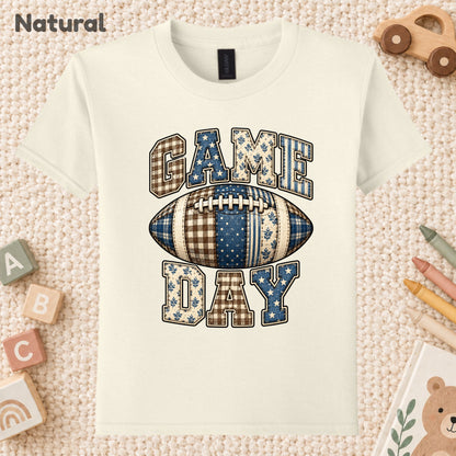 Game Day Football T-Shirt, Blue Plaid Patchwork Tee for Toddler and Kids