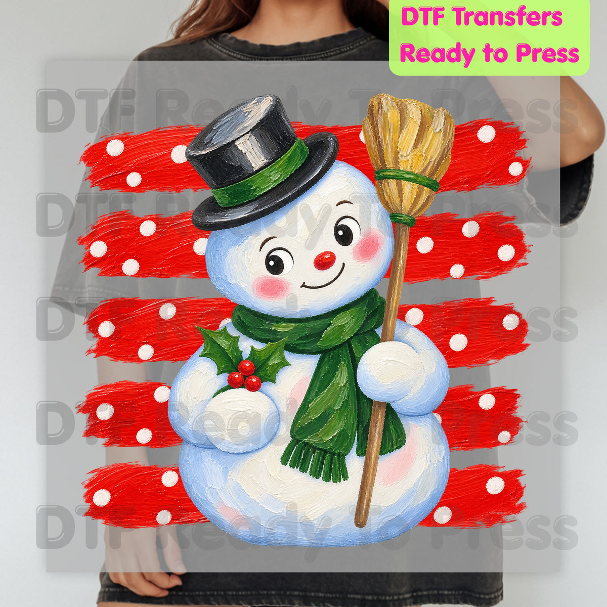 Vintage Snowman DTF Transfers, Top Hat Broom Red Polka Dot Christmas Holiday Ready to Press