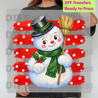 Vintage Snowman DTF Transfers, Top Hat Broom Red Polka Dot Christmas Holiday Ready to Press