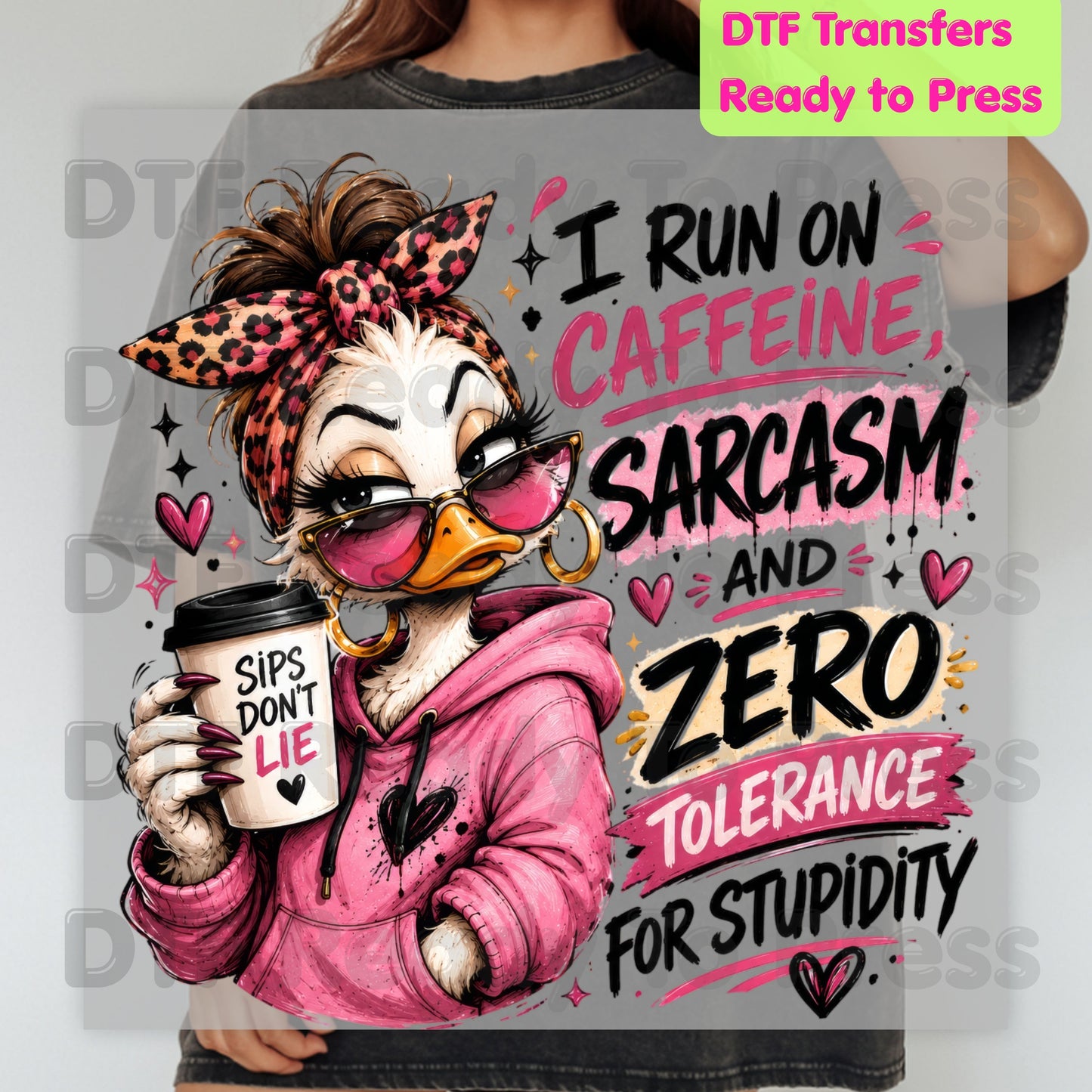 Funny Duck Caffeine DTF Transfers, I Run on Caffeine Sarcasm Coffee Messy Bun Leopard Bow Women Ready to Press