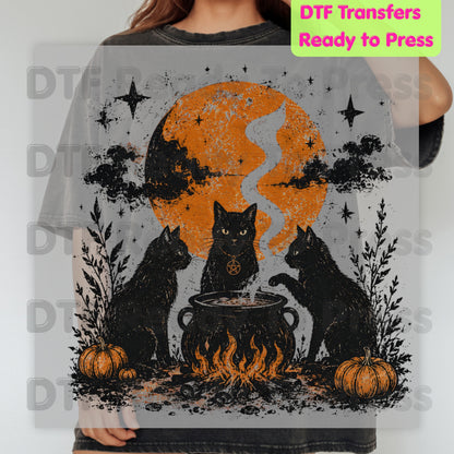 Vintage Halloween Black Cats DTF Transfers, Cauldron Witchy Moon Pumpkins Spooky Ready to Press