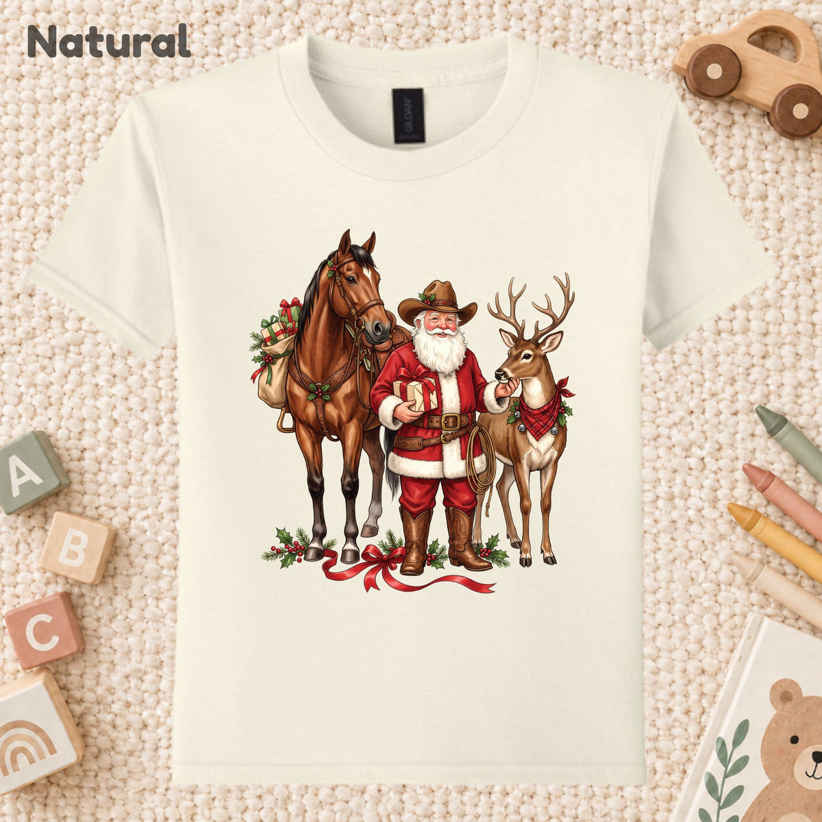Cowboy Santa Christmas T-Shirt, Western Santa with Horse and Reindeer Graphic Tee, Country Holiday Shirt