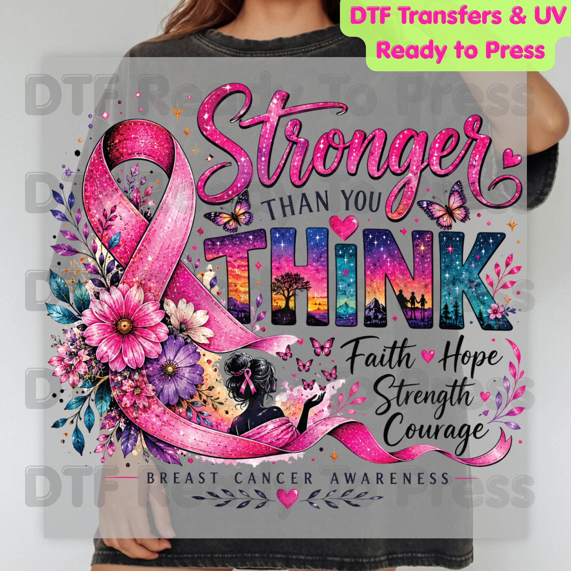 Stronger Than You Think Breast Cancer Awareness DTF Transfer Ready to Press Heat Transfer Ribbon Floral Tee