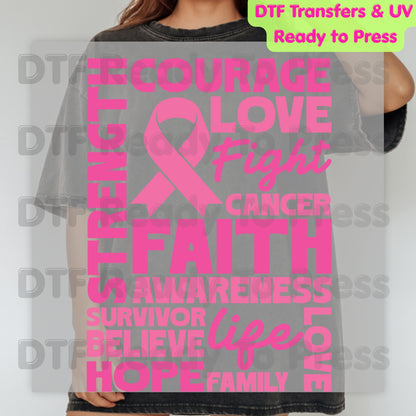 Courage Love Faith Breast Cancer Awareness DTF Transfer Ready to Press Heat Transfer Pink Ribbon Words Tee