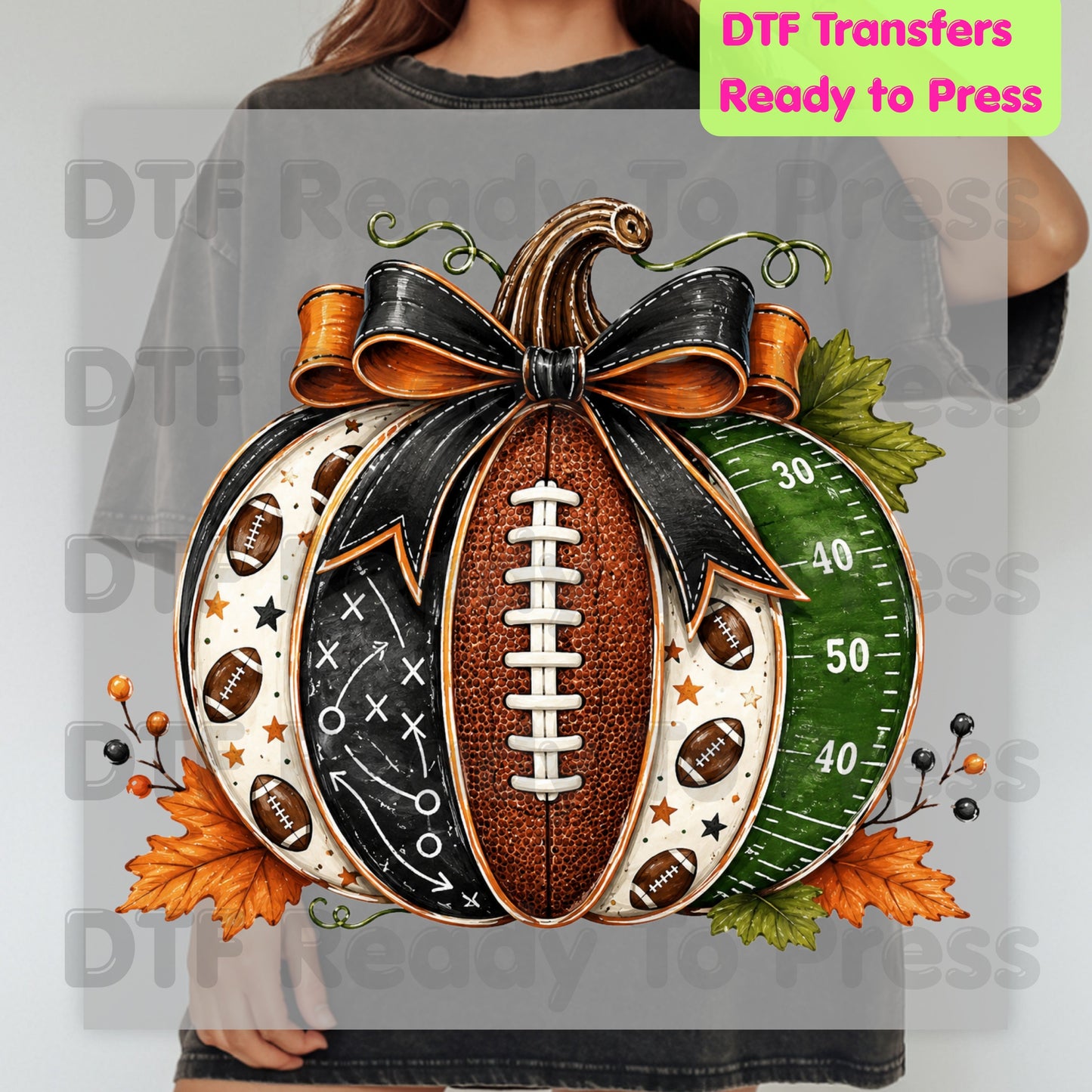 Football Pumpkin Bow DTF Transfers, Fall Game Day Football Field Patchwork Autumn Ready to Press