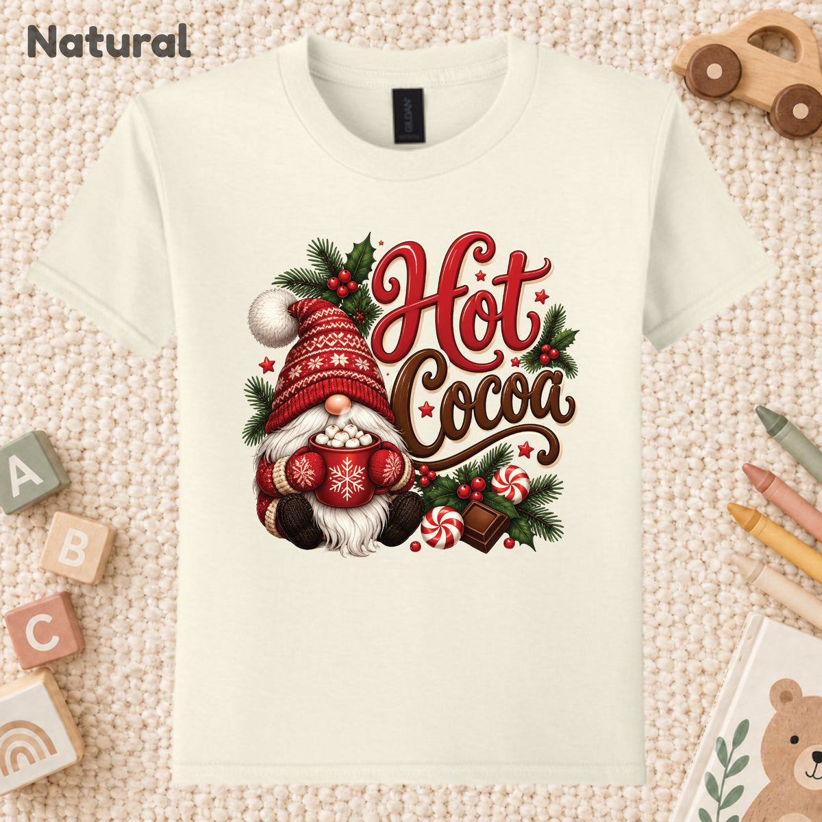 Christmas Gnome T-Shirt, Hot Cocoa Peppermint and Holly Graphic Tee, Cute Holiday Shirt