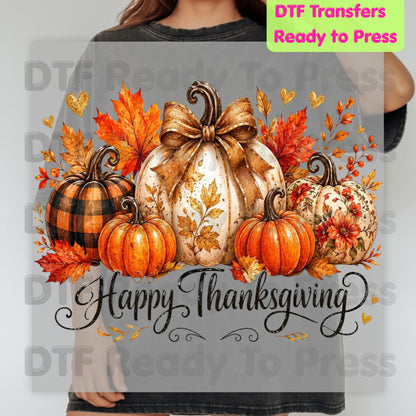 Happy Thanksgiving DTF Transfers, Fall Leaves Pumpkins Retro Autumn Ready to Press