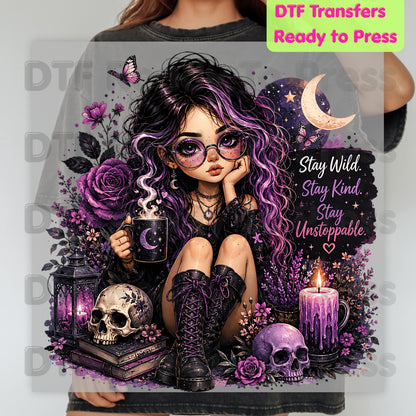Stay Wild Stay Kind DTF Transfers, Purple Goth Girl Skull Crescent Moon Witchy Ready to Press