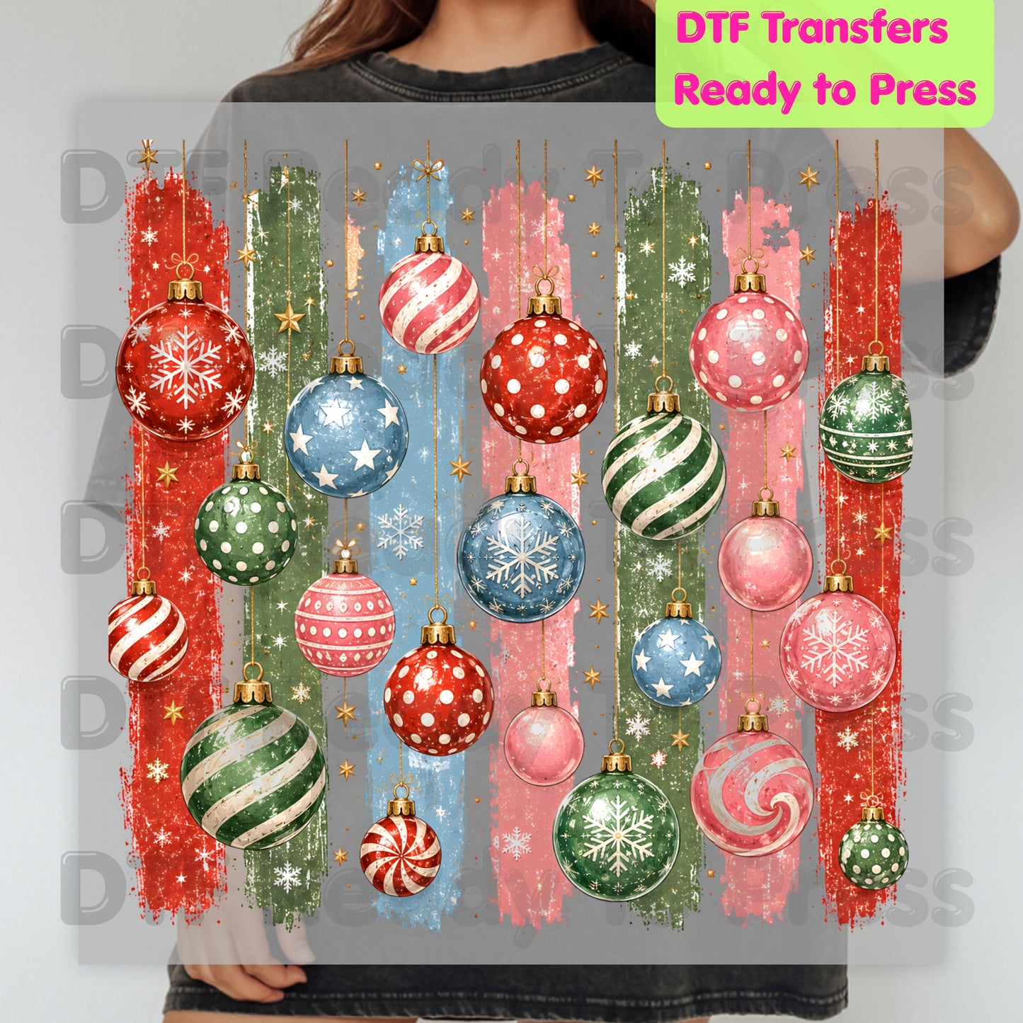 Christmas Ornaments DTF Transfers, Colorful Paint Strokes Holiday Baubles Festive Ready to Press