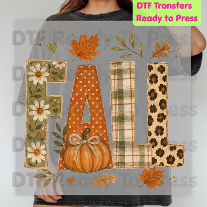 Fall DTF Transfer Ready to Press Autumn Floral Plaid Leopard Letters Heat Transfer for Shirts Pumpkin and Leaves Aesthetic Tees