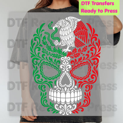 Mexican Flag Sugar Skull DTF Transfers, Eagle Coat of Arms Dia de los Muertos Ready to Press