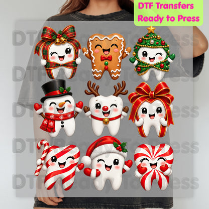 Christmas Dental DTF Transfers, Cute Gingerbread Teeth Dentist Holiday Characters Ready to Press