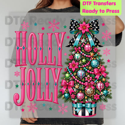 Christmas DTF Transfer, Holly Jolly Pink Christmas Tree, Bow and Snowflakes