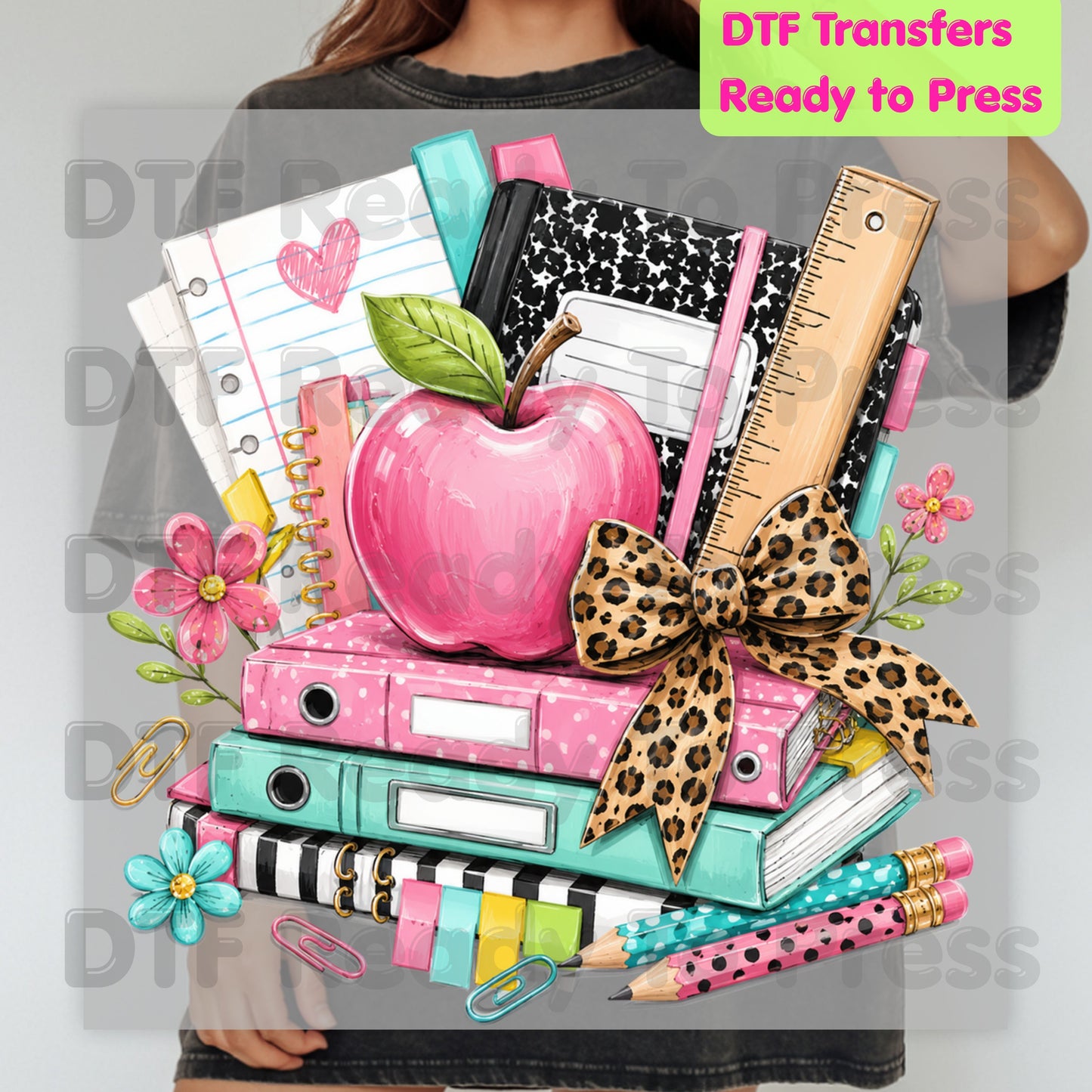 Pink Apple School Supplies DTF Transfers, Books Leopard Bow Back to School Teacher Student Ready to Press