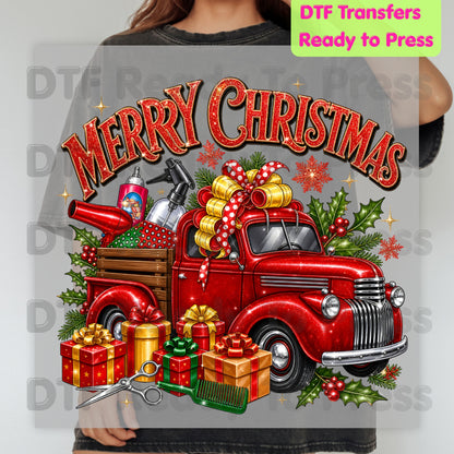 Merry Christmas Red Truck DTF Transfers, Holiday Hair Stylist Salon Presents Graphic Ready to Press