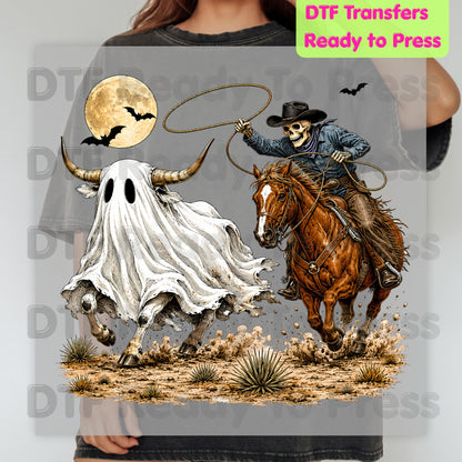 Halloween DTF Transfers, Skeleton Cowboy Ghost Bull Lasso Western Spooky Rodeo Ready to Press