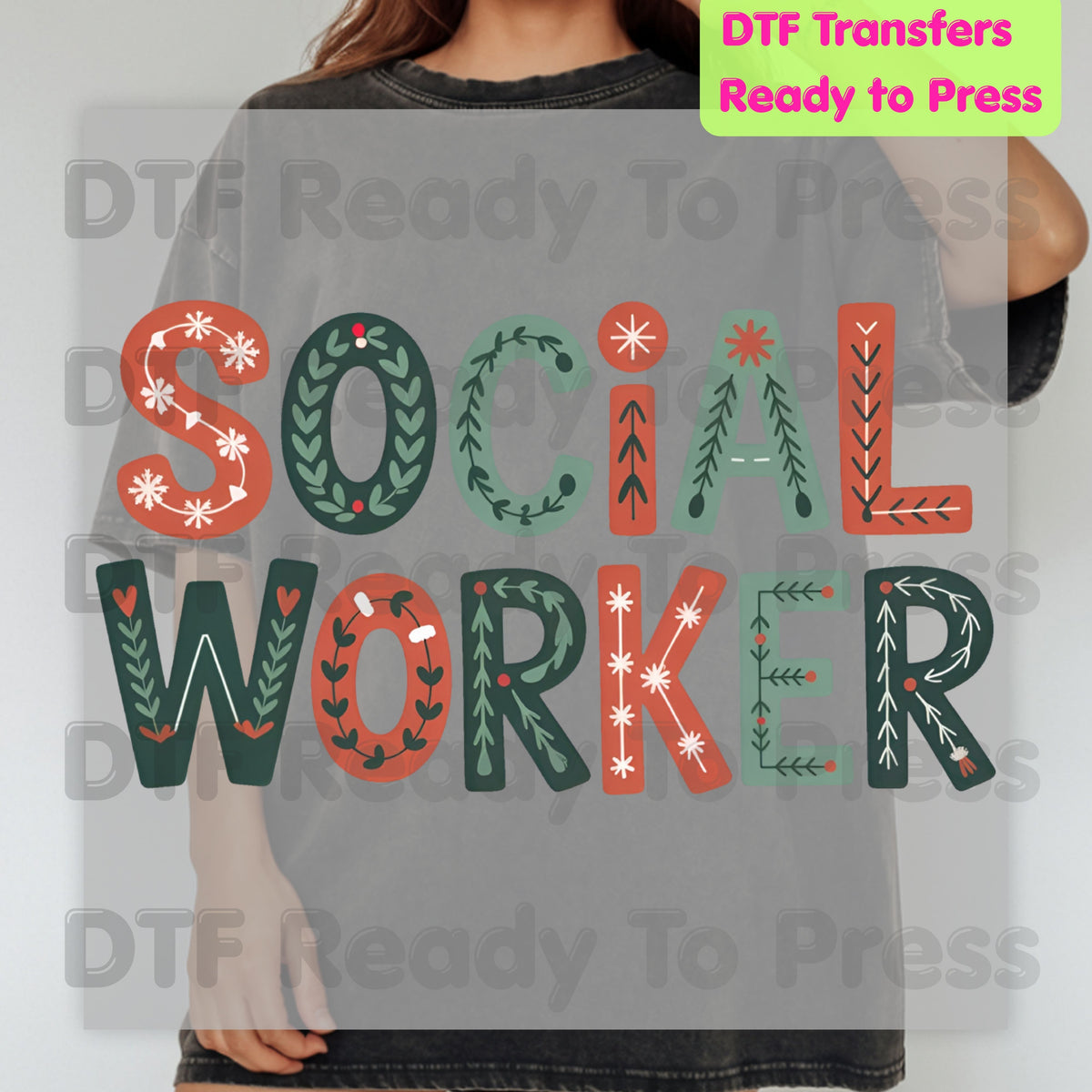 Christmas Social Worker DTF Transfers, Community Snowflake Botanical Holiday Ready to Press