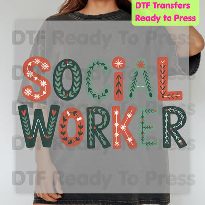 Christmas Social Worker DTF Transfers, Community Snowflake Botanical Holiday Ready to Press