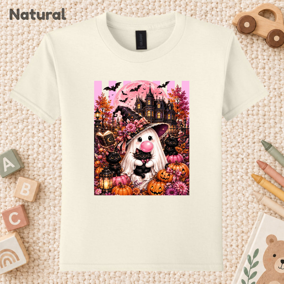 Pink Ghost Halloween T-Shirt, Witch Ghost Bubble Gum Black Cat Spooky Cute Tee for Toddler and Kids