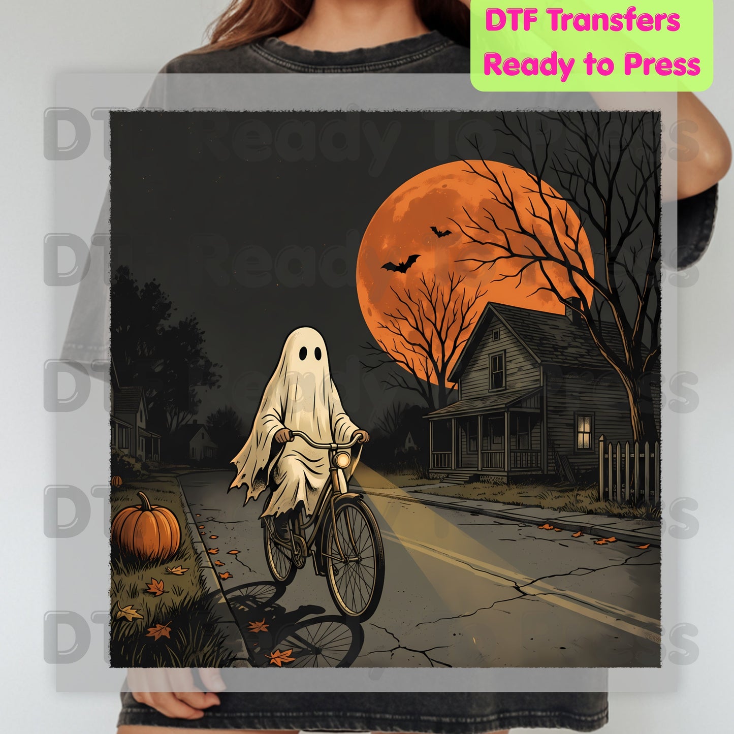 Ghost Riding Bike DTF Transfers, Orange Harvest Moon Haunted House Halloween Ready to Press
