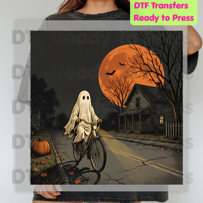 Ghost Riding Bike DTF Transfers, Orange Harvest Moon Haunted House Halloween Ready to Press