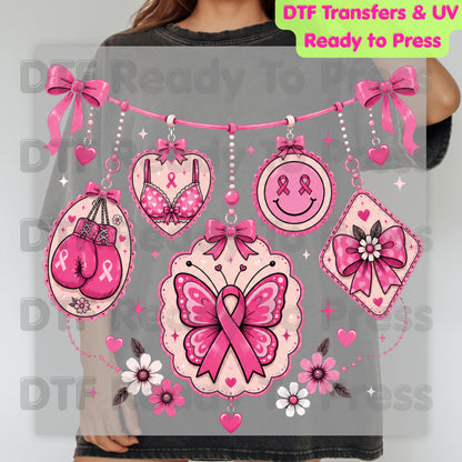 Pink Ribbon Breast Cancer Awareness Charms DTF Transfer Ready to Press Heat Transfer Butterfly Bow Tee