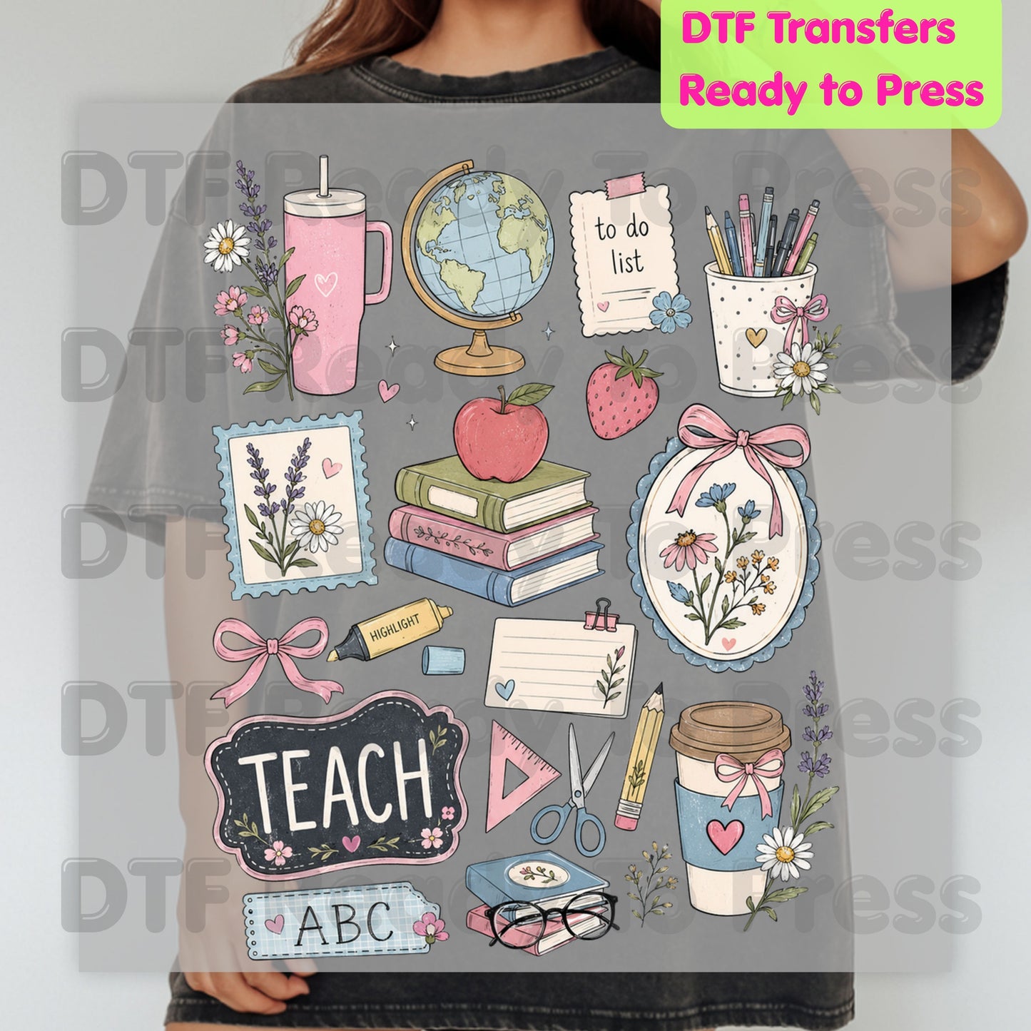 Cute Teacher Supplies DTF Transfers, Coquette Aesthetic Books Coffee Globe Teach Pink Bows Back to School Ready to Press