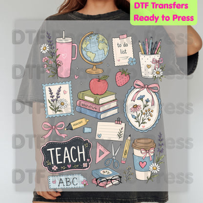 Cute Teacher Supplies DTF Transfers, Coquette Aesthetic Books Coffee Globe Teach Pink Bows Back to School Ready to Press
